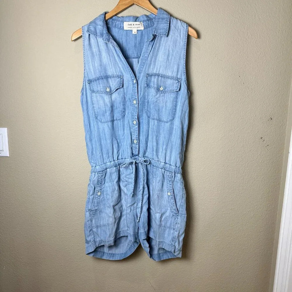 CLOTH & STONE Chambray Denim Lyocell Romper Shorts Set - size Medium - Picture 2 of 7